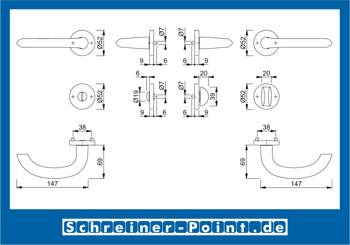 Hoppe Marseille Aluminium Rosettengarnitur F9 Alu Stahl 1138/42KV/42KVS, 2781672, 2781701, 2782077, 2784048